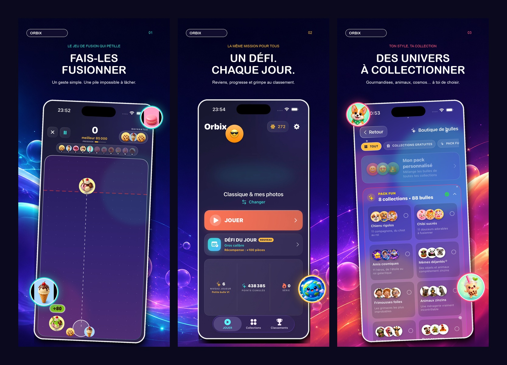 Triptyque Orbix : gameplay, défi quotidien et collections